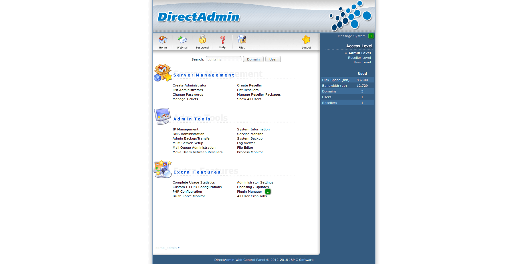 DirectAdmin admin view