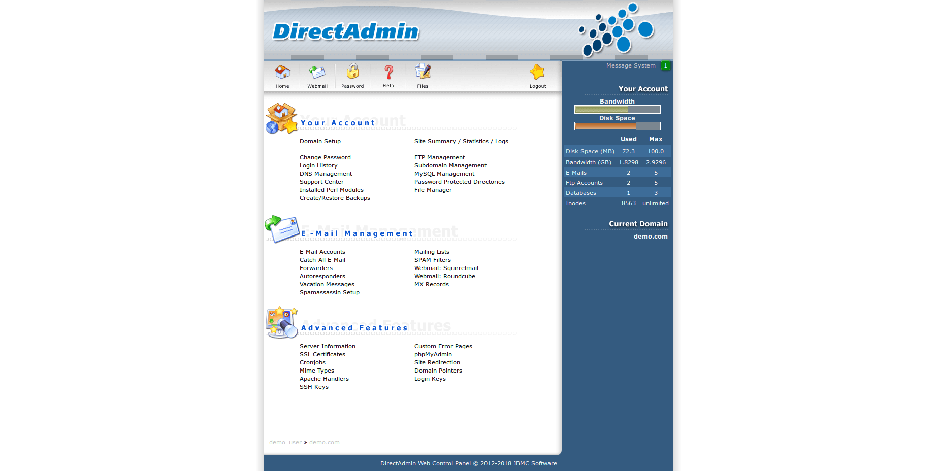 DirectAdmin websites view